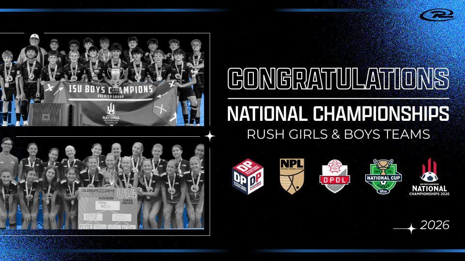 Youth soccer team collage with “Congratulations National Champions” text and league logos on a black background