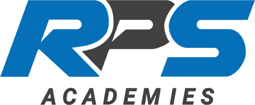 Logo with stylized blue and grey letters 