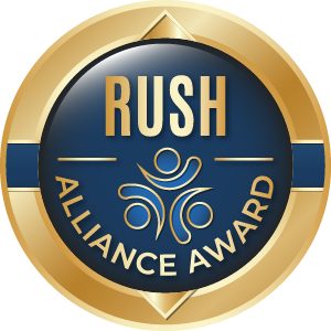 Gold and blue RUSH Alliance Award badge with stylized people symbol.