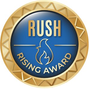 Rush Rising Award badge: Blue circle with gold flame, text