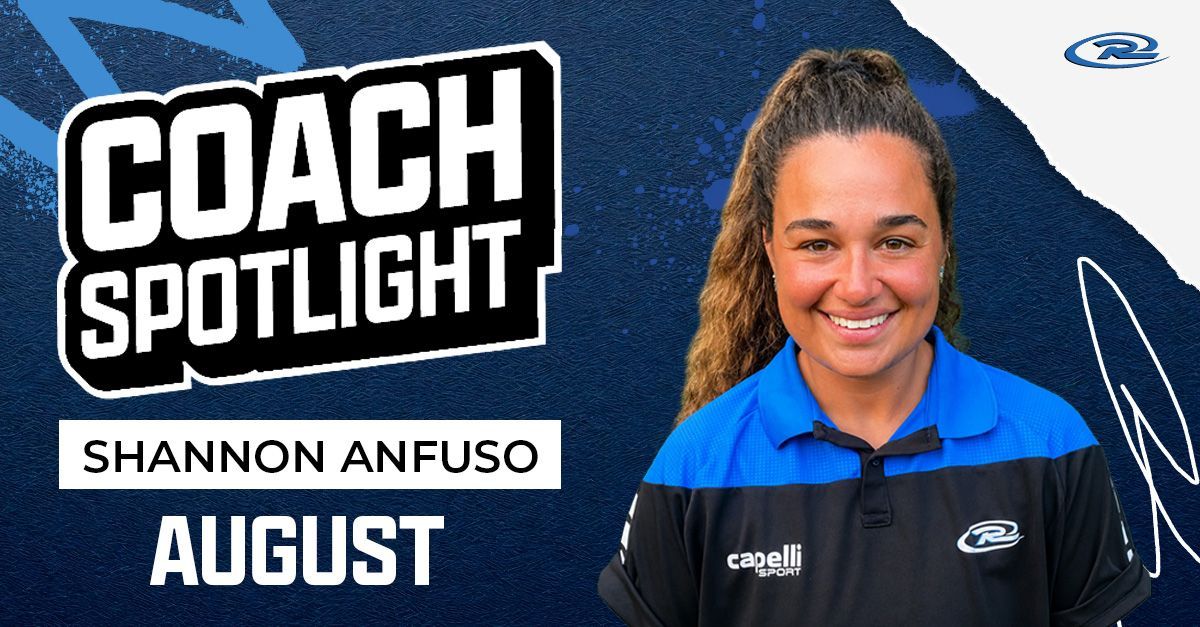Coach Spotlight graphic for Shannon Anfuso, August, with a smiling coach in a blue-and-black jacket.