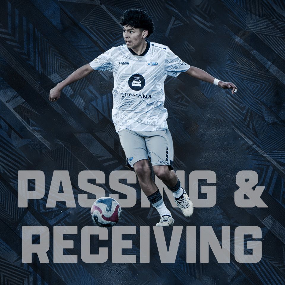 Soccer player in white kit dribbling on a dark background with “PASSING & RECEIVING” text