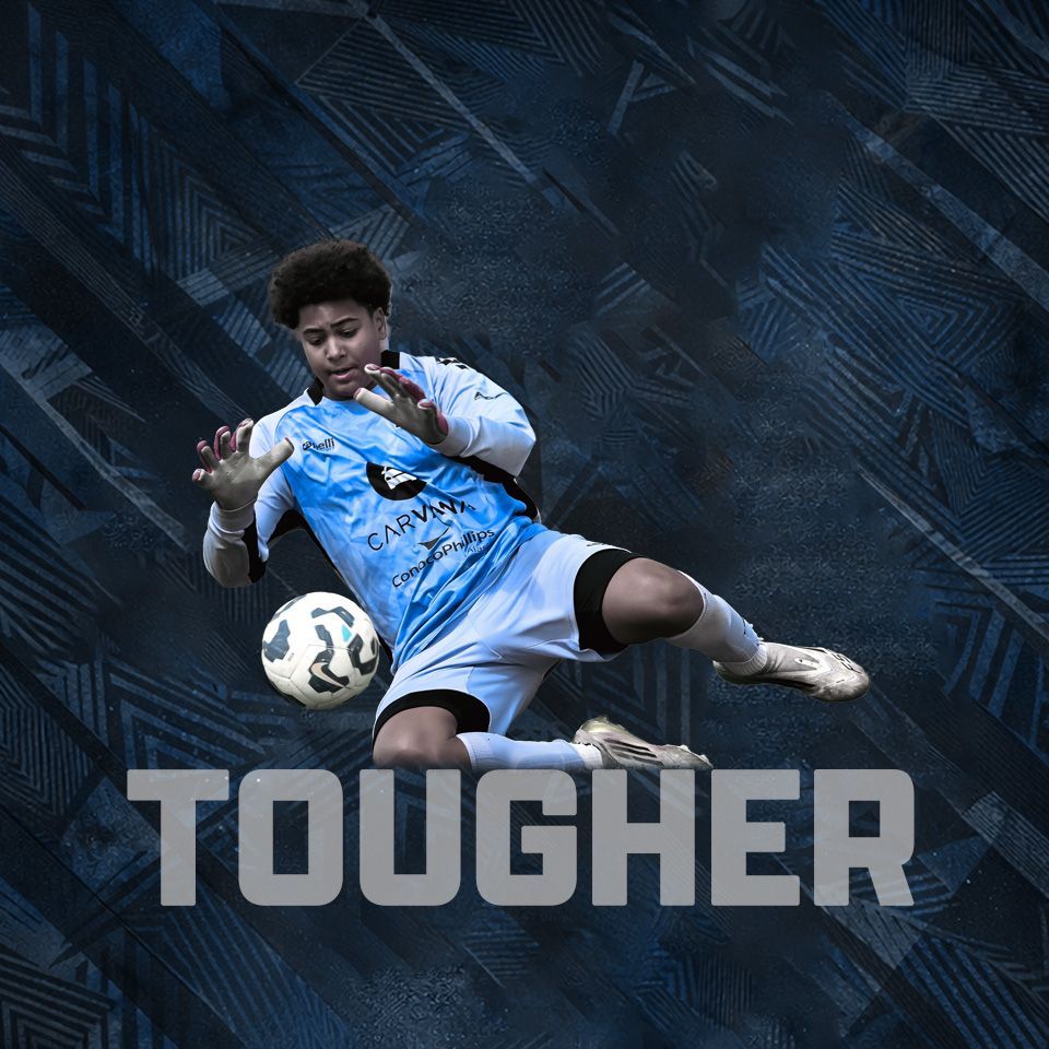 Soccer player in blue sliding for a ball with the word “TOUGHER” on a dark textured background
