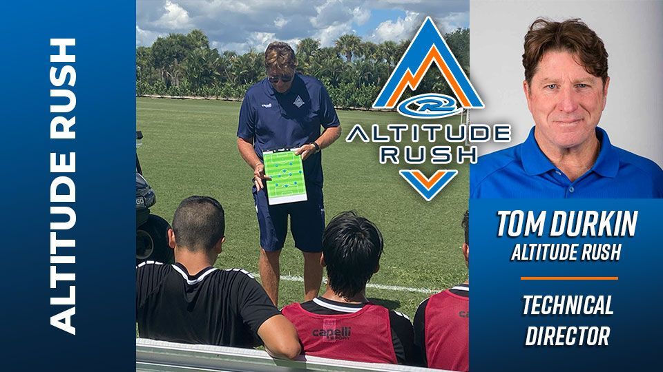 Tom Durkin, technical director for Altitude Rush, and players on a soccer field.
