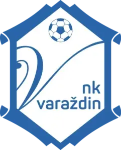Logo of NK Varaždin, a Croatian football club. Blue and white hexagon with football and stylized 