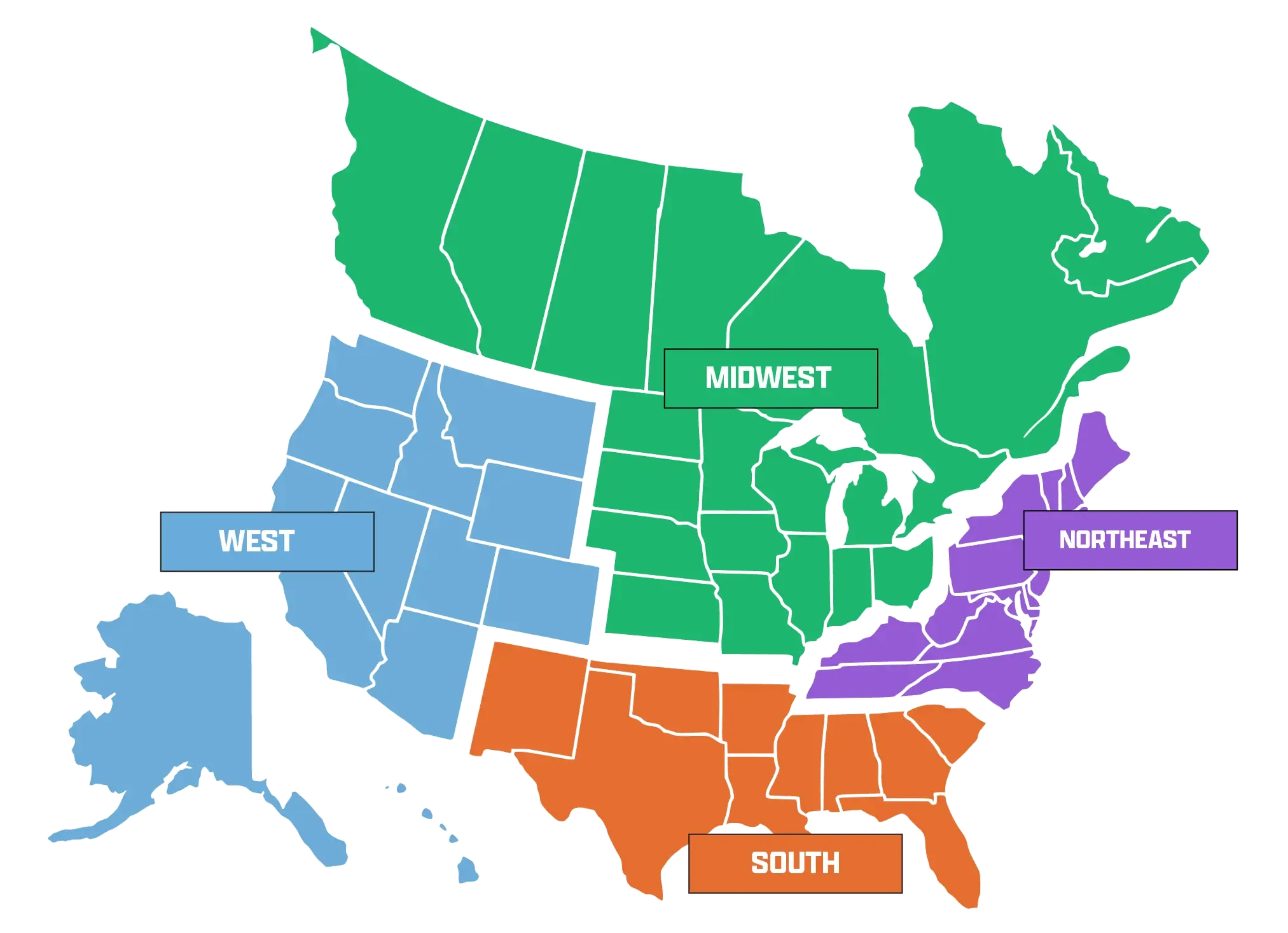 Map of the US divided into four regions: West (blue), Midwest (green), South (orange), and Northeast (purple).