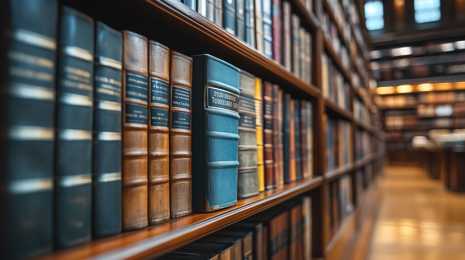Bookshelves lined with aged books in a library, wooden shelves, focus on blue book.