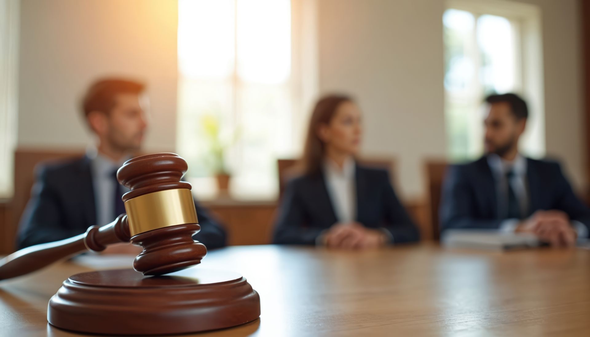 Gavel on a table in a courtroom with three people in suits blurred in the background.