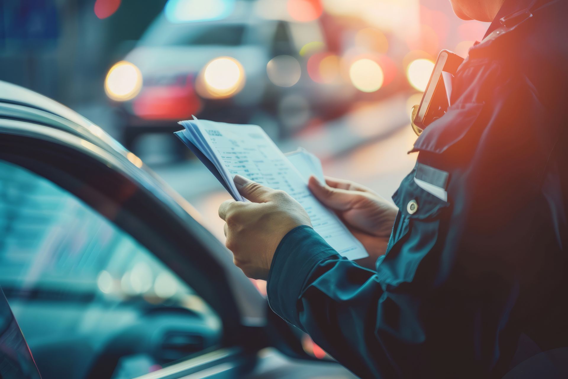 Un policier rédige une contravention près d'une voiture dans une rue de la ville au crépuscule.