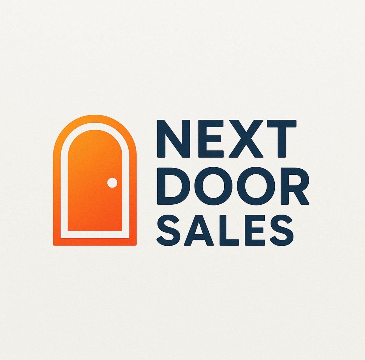 Logo voor Next Door Sales met een oranje, gebogen deuricoon naast de donkerblauwe tekst "NEXT DOOR SALES".