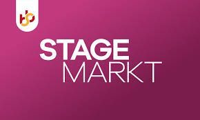 Het StageMarkt-logo met witte tekst op een magenta achtergrond en een klein pictogram in de linkerbovenhoek.