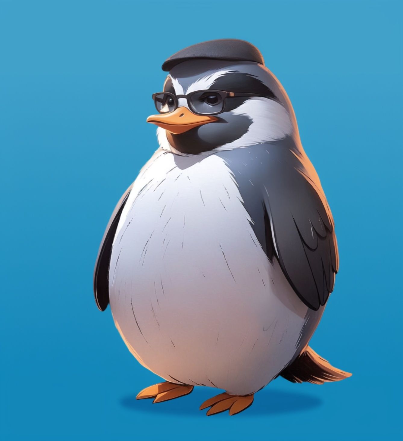Pingviini, jolla on silmälasit ja hattu sinisellä pohjalla