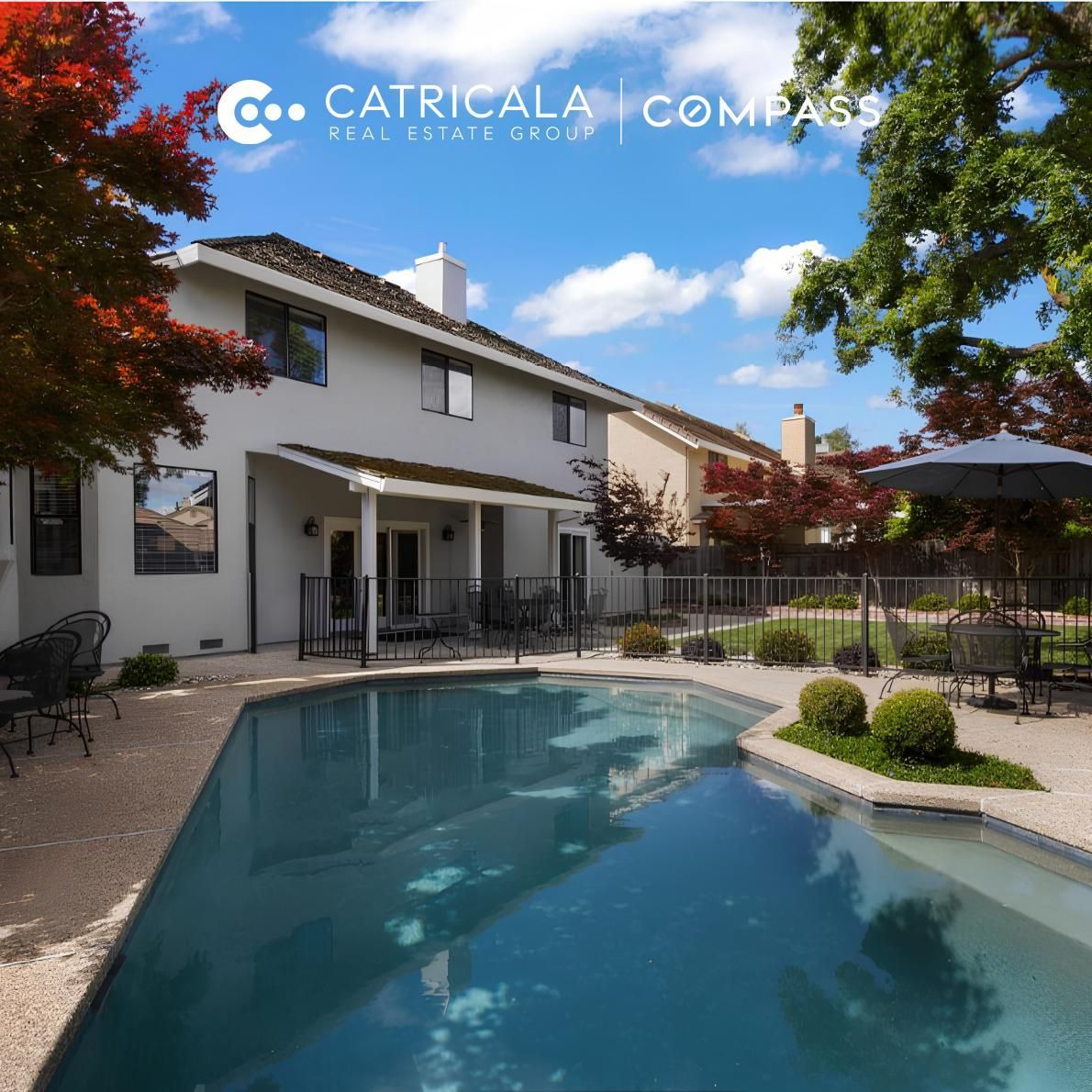 Sacramento home backyard with swimming pool and fall foliage, sold by Catricala Real Estate Group Compass