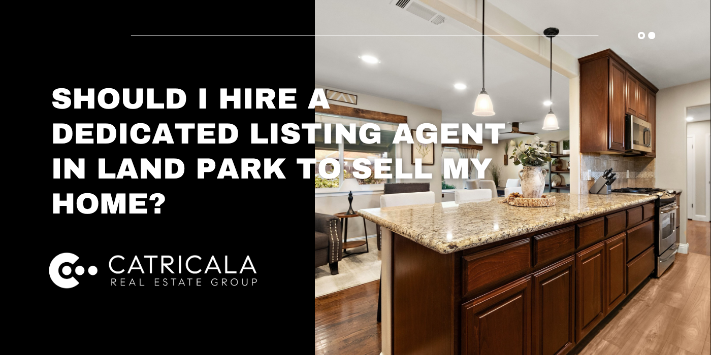 Land Park kitchen with granite island and wood cabinets, featuring text about hiring a listing agent