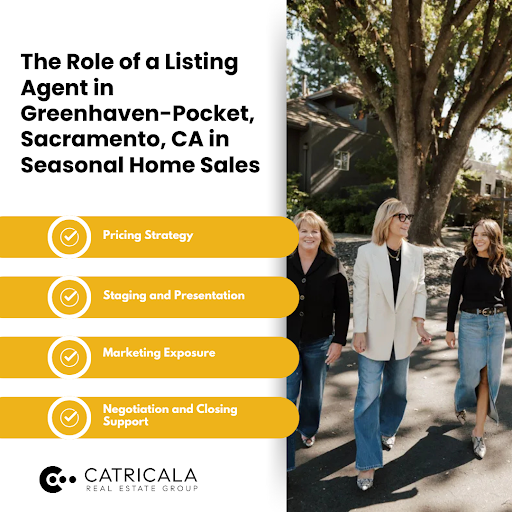 Catricala Real Estate Group walks outdoors under trees beside a home.