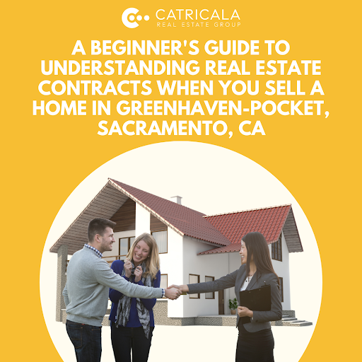 A couple happily shakes hands with a real estate agent in front of a modern house with a red roof.