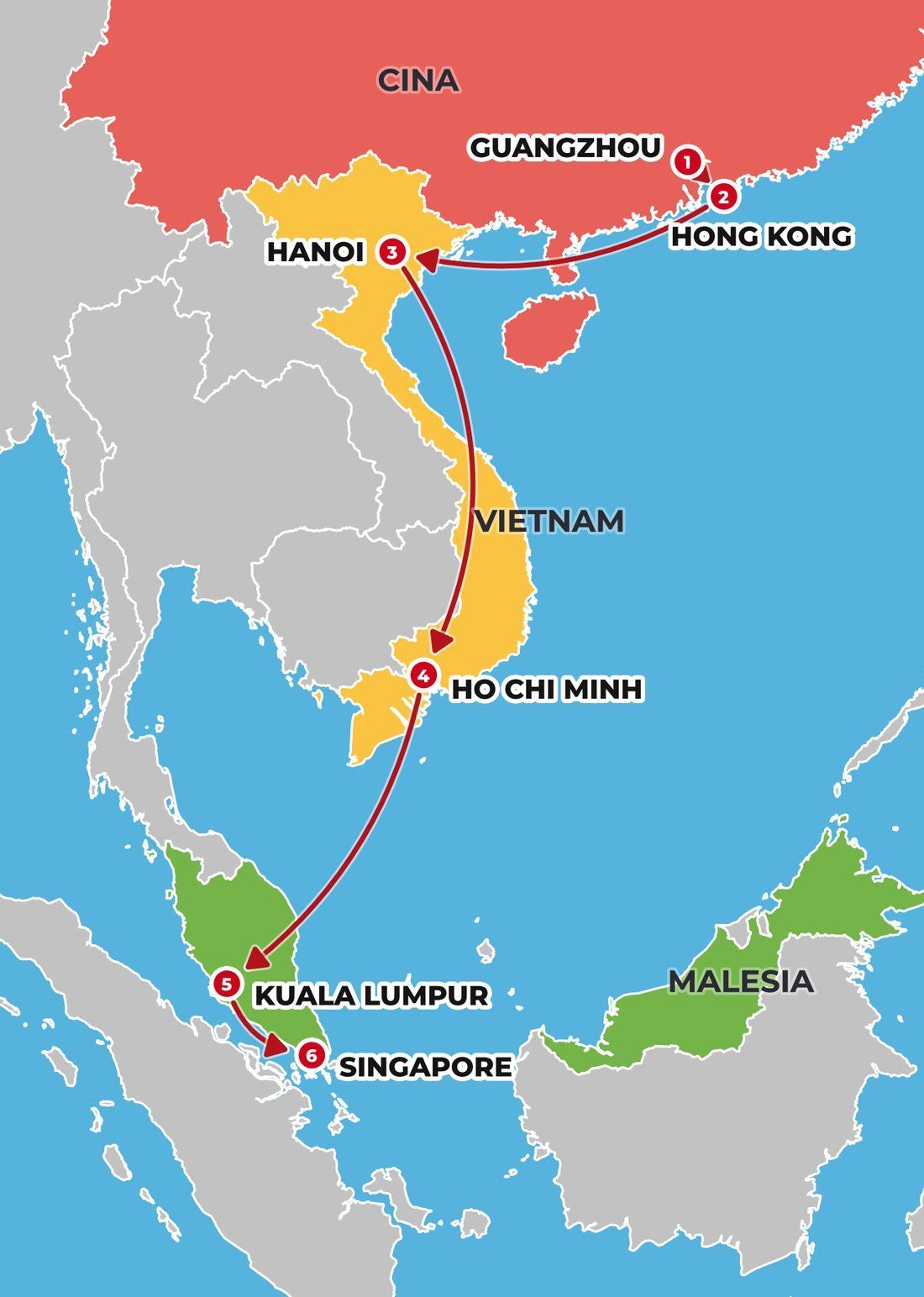 Mappa della rotta: Guangzhou, Hong Kong, Hanoi, Ho Chi Minh, Kuala Lumpur e Singapore