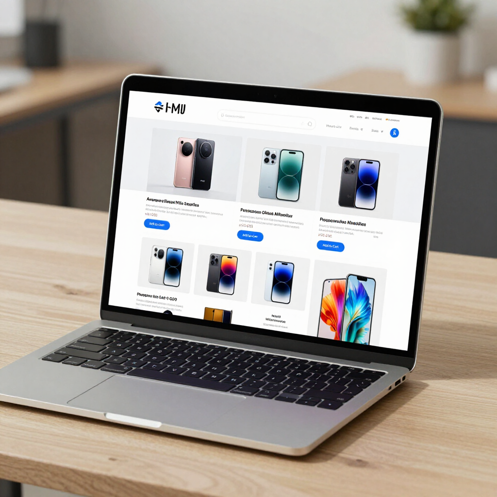 A laptop open on a wooden desk, displaying a website with a product catalog of various smartphones.