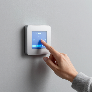 Hand tapping a wall-mounted touchscreen thermostat on a gray wall