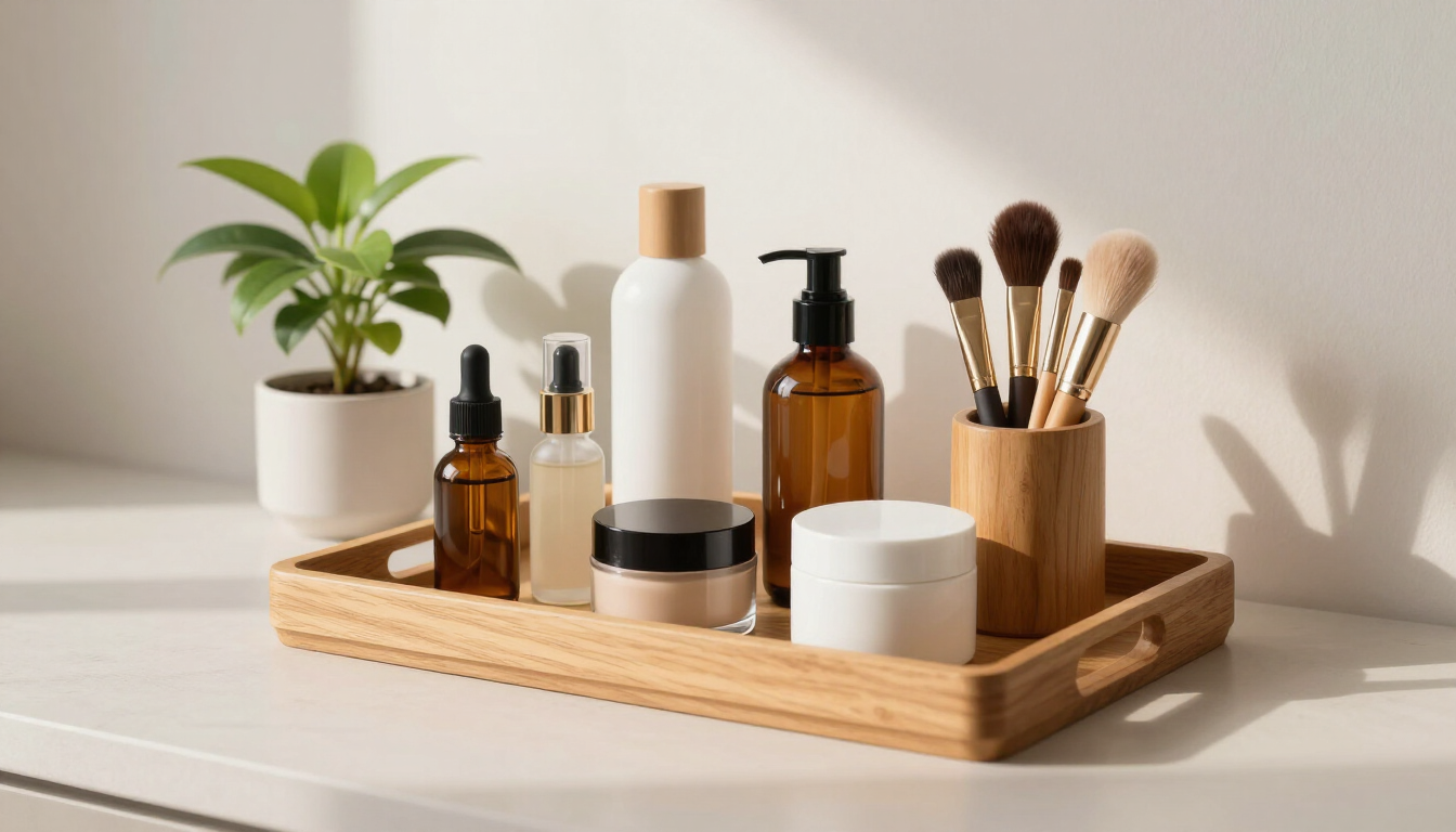 Espacio minimalista de belleza en casa con productos ordenados y detalles naturales