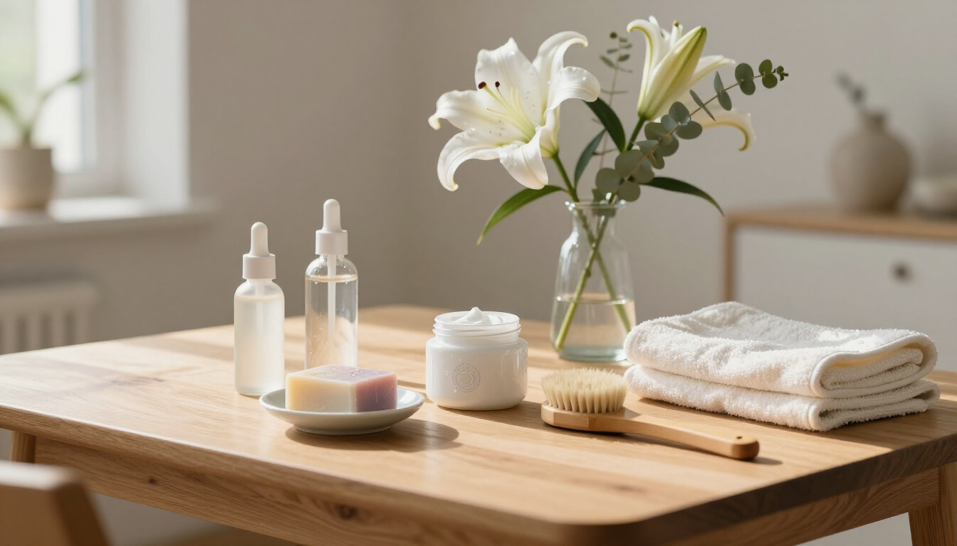 Rutina de bienestar y belleza en casa, organizada sobre una mesa luminosa