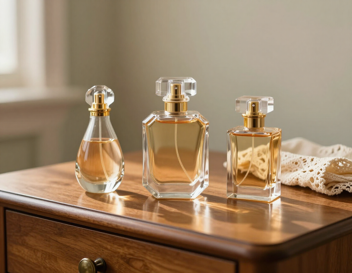 Tres frascos de perfume sobre una cómoda de madera, junto a un paño de encaje, iluminados por la suave luz de la ventana.
