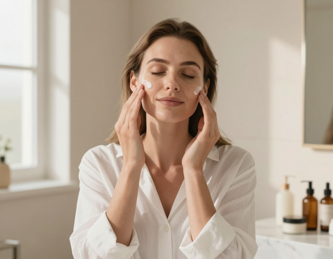 Mujer aplicándose crema facial en un baño luminoso.