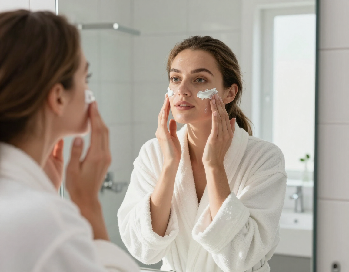 Mujer con bata blanca aplicándose crema facial frente al espejo del baño.