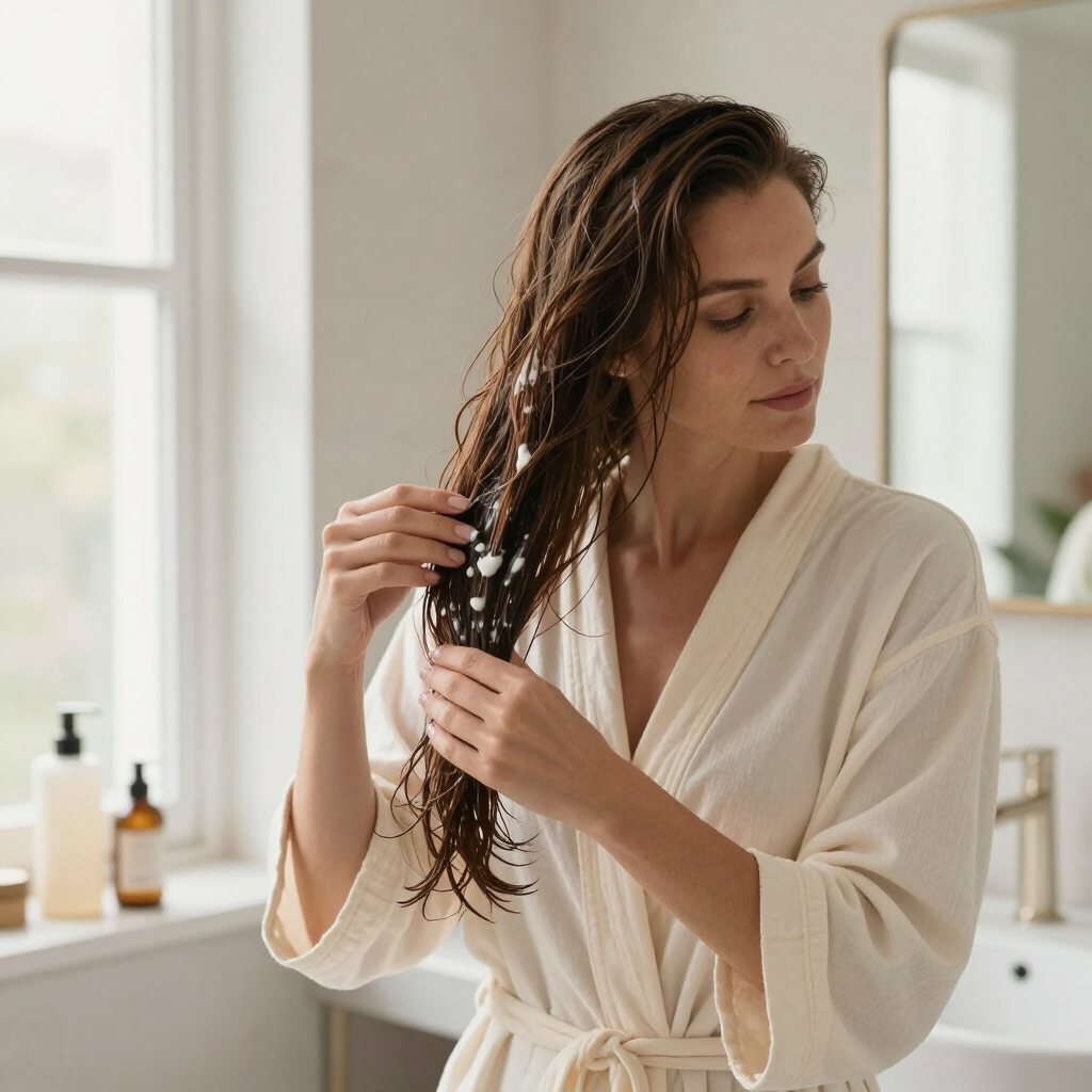 Frascos y tarros de productos para el cuidado de la piel de color magenta y blanco, dispuestos sobre el mostrador del baño.