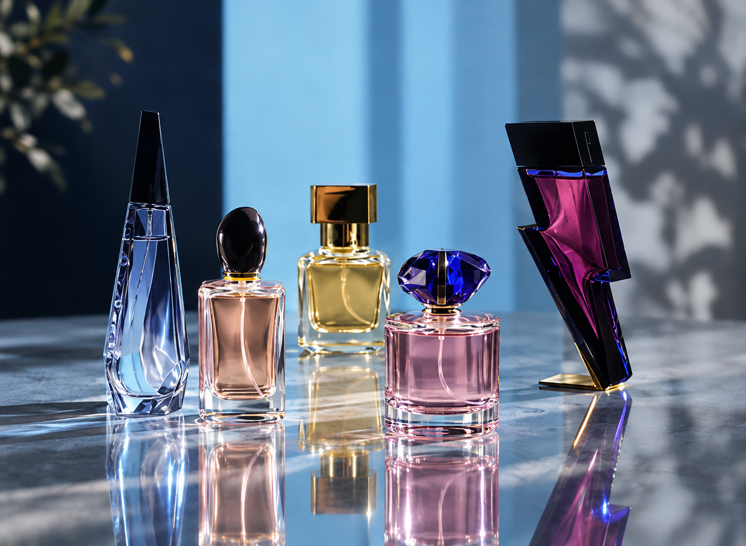 Cinco frascos de perfume transparentes con tapones plateados y una raya magenta sobre fondo blanco.