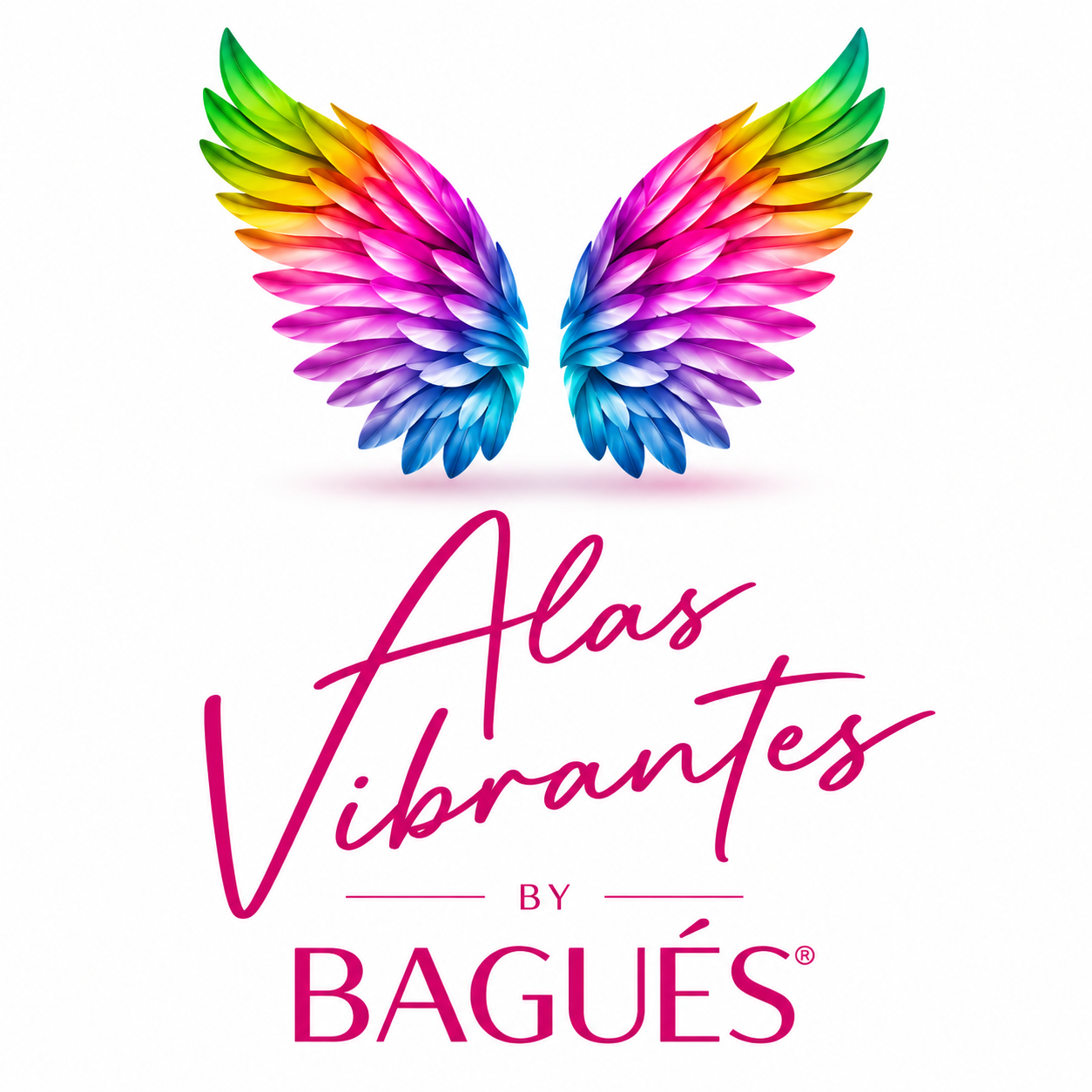 Logotipo de Alas Vibrantes By Bagués con alas magenta y estilo limpio sobre fondo blanco.