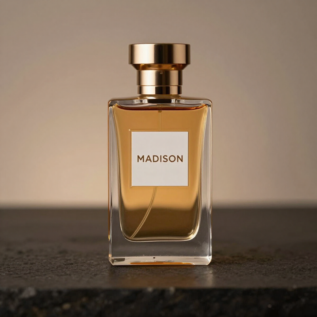 Frascos de perfume surtidos, de color rosa y transparente, expuestos con sus cajas sobre un fondo rosa y blanco.