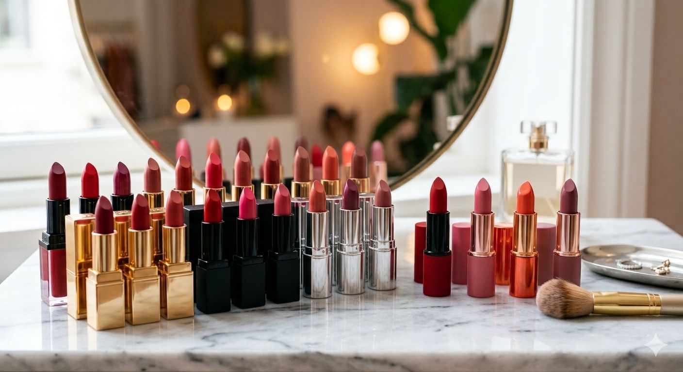 Barras de labios de tonos nude y magenta de diferentes colores, colocadas sobre una superficie blanca.