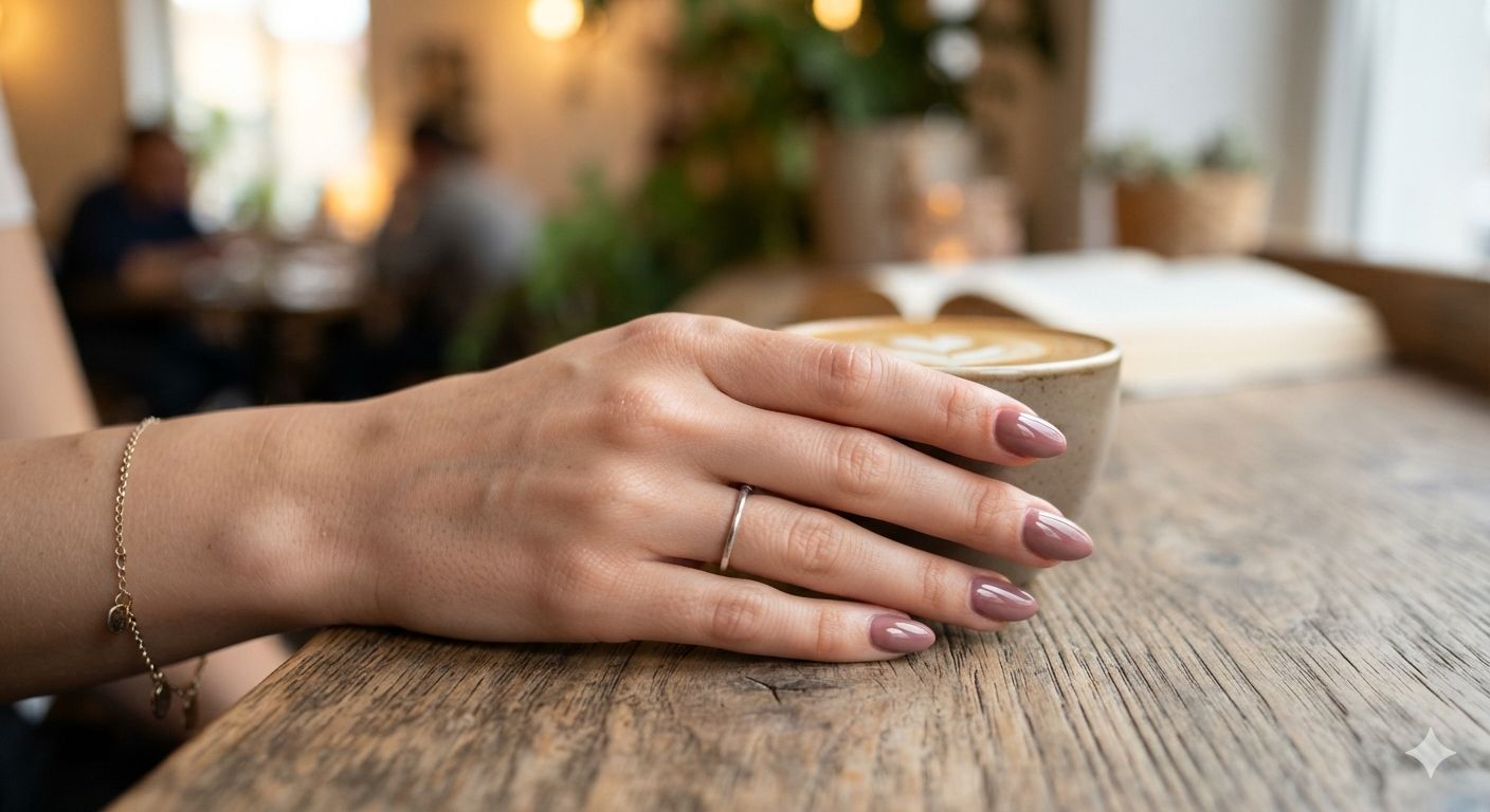 Frascos de esmalte de uñas rosas y herramientas de manicura dispuestas sobre un fondo blanco.