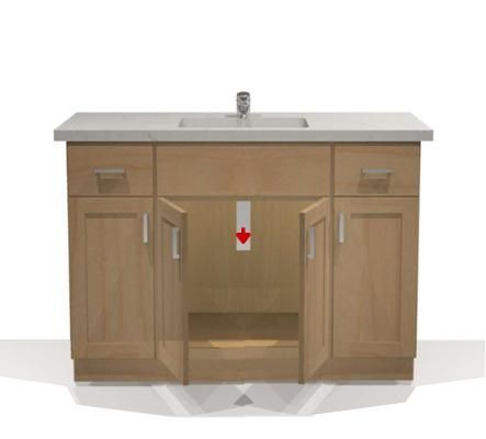 Rendering of a bathroom vanity with open doors, sink, and a red arrow pointing down in the open space.