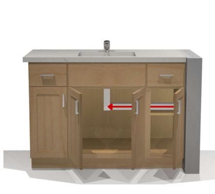 Rendering of a bathroom vanity with open doors, plumbing details highlighted with red lines coming from the right side wall.