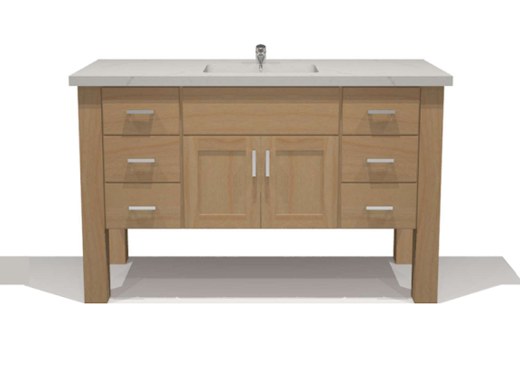 Rendering of a light brown bathroom vanity with white countertop, drawers, and doors. This vanity has legs and is considered a spa type vanity.