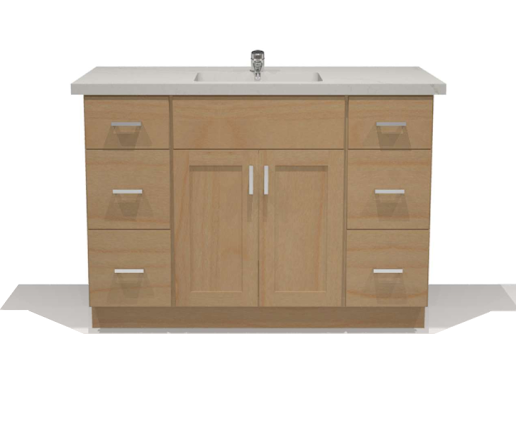 Rendering of a standard bathroom vanity with light wood cabinet, countertop, sink, drawers and faucet.