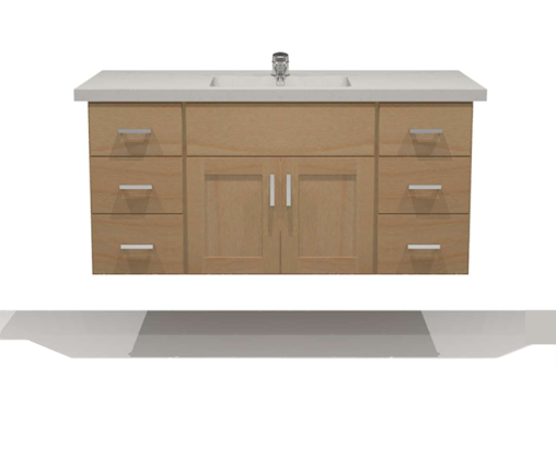 Rendering of a tan wall hung vanity cabinet with no legs. Light-colored countertop and silver faucet.  It has drawers and doors with silver straight handles.