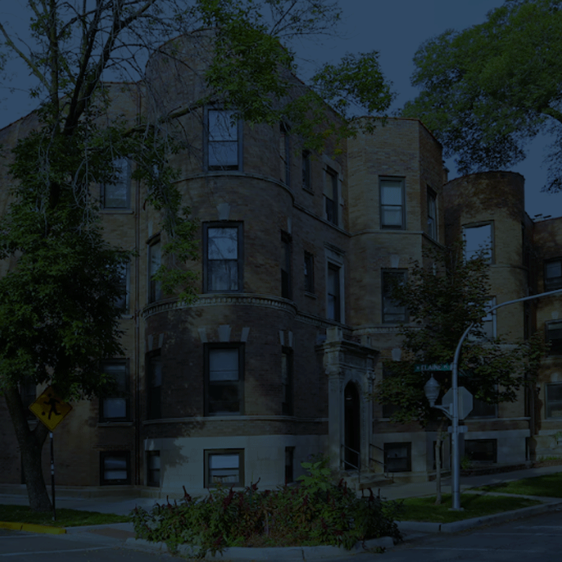 Dark blue overlay with building image behind