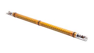 A long yellow stick with a metal handle on a white background.