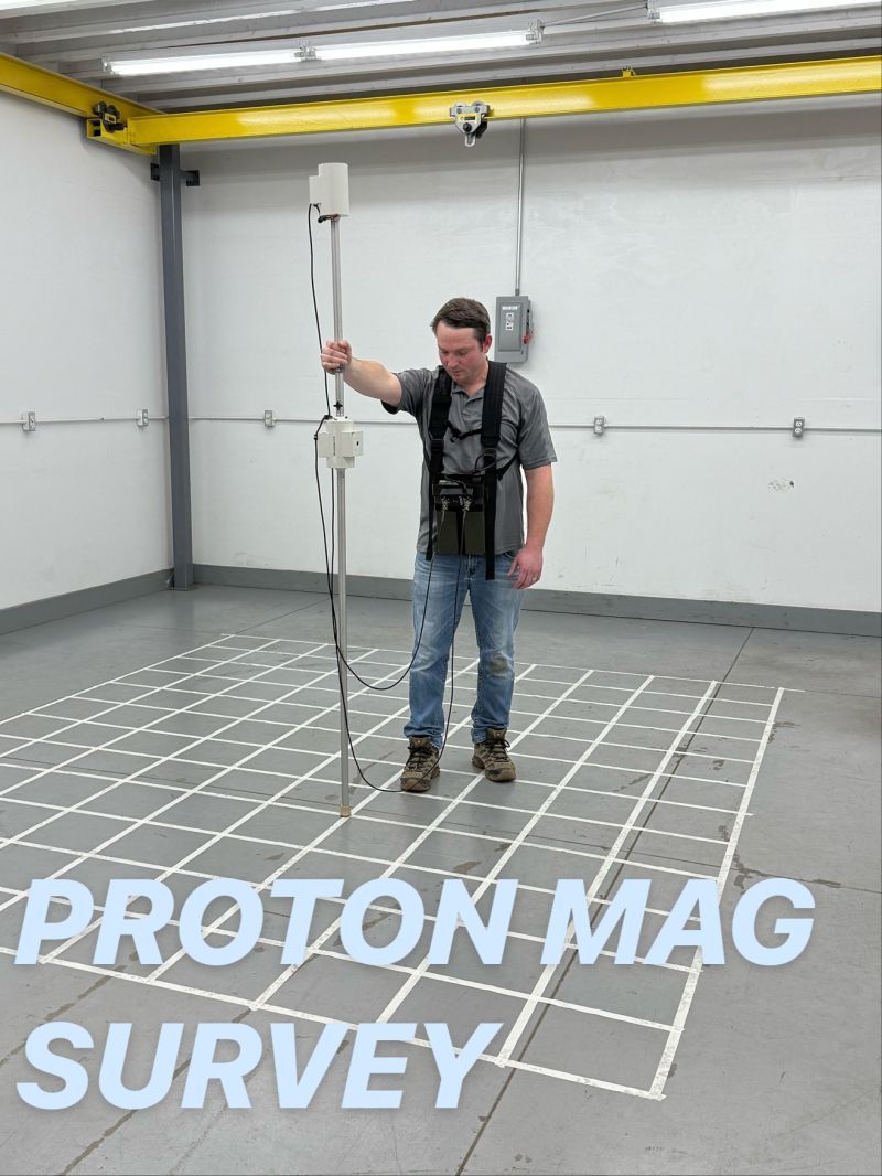A man is standing in a room with the words proton mag survey on the bottom