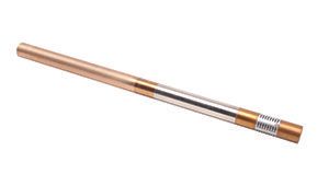 A close up of a copper pipe on a white background.