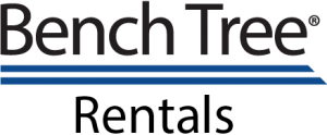 A blue and white logo for bench tree rentals