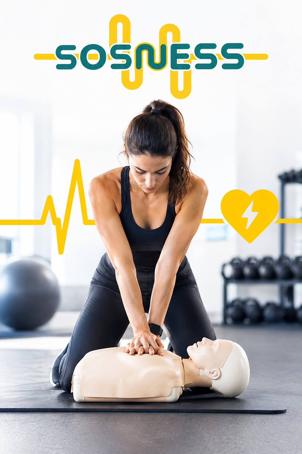 Woman performing CPR on training dummy in gym, with yellow heartbeat graphic and