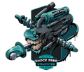 Logo for Shock Prep Unlimited: A stylized, snarling mechanical face merged with blue shock absorbers on a dark background.