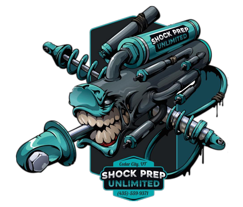 Logo for Shock Prep Unlimited: A stylized, snarling mechanical face merged with blue shock absorbers on a dark background.