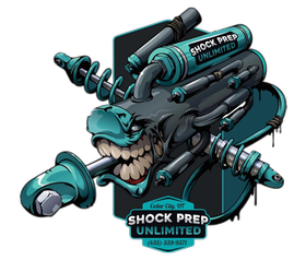 Logo for Shock Prep Unlimited: A stylized, snarling mechanical face merged with blue shock absorbers on a dark background.