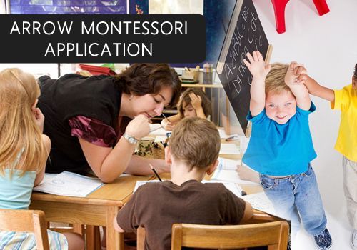 A group of children in a classroom with the words arrow montessori application above them