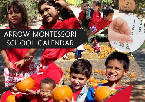 A collage of children holding pumpkins with the words arrow montessori school calendar